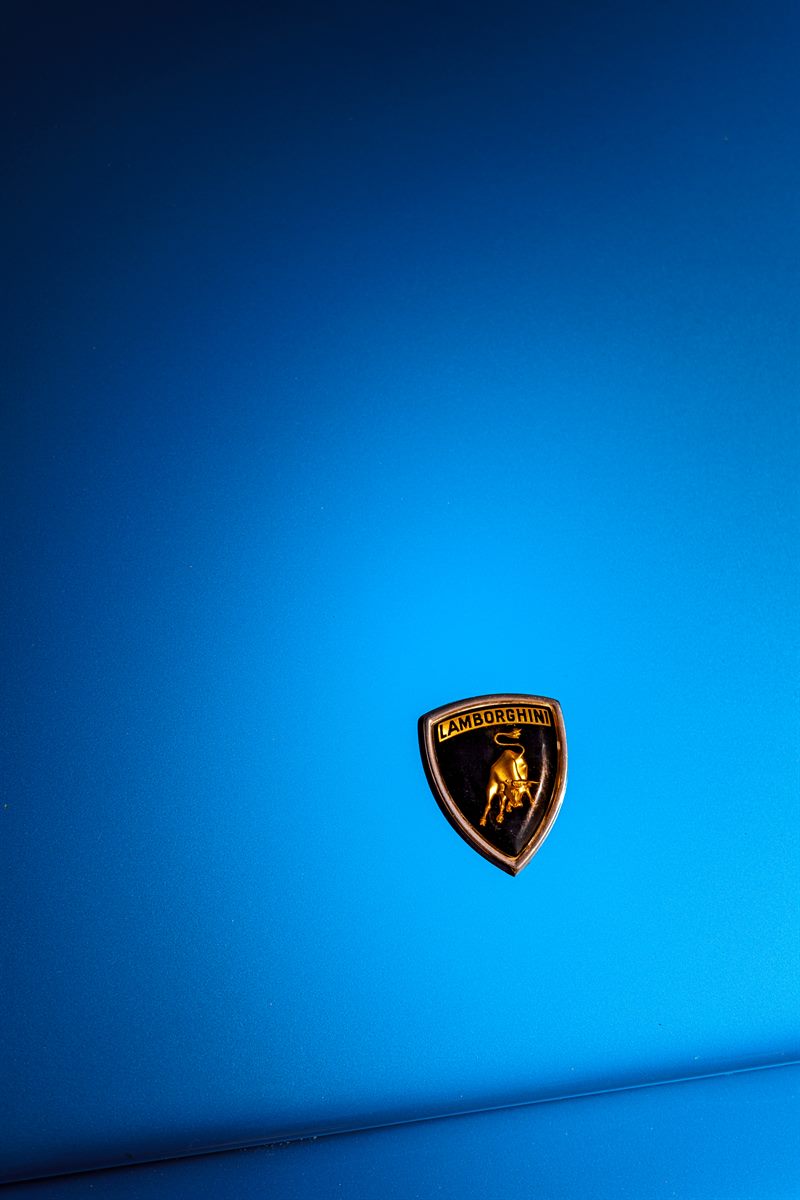 Lamborghini-Emblem mit goldenem Stier auf blau lackierter Motorhaube