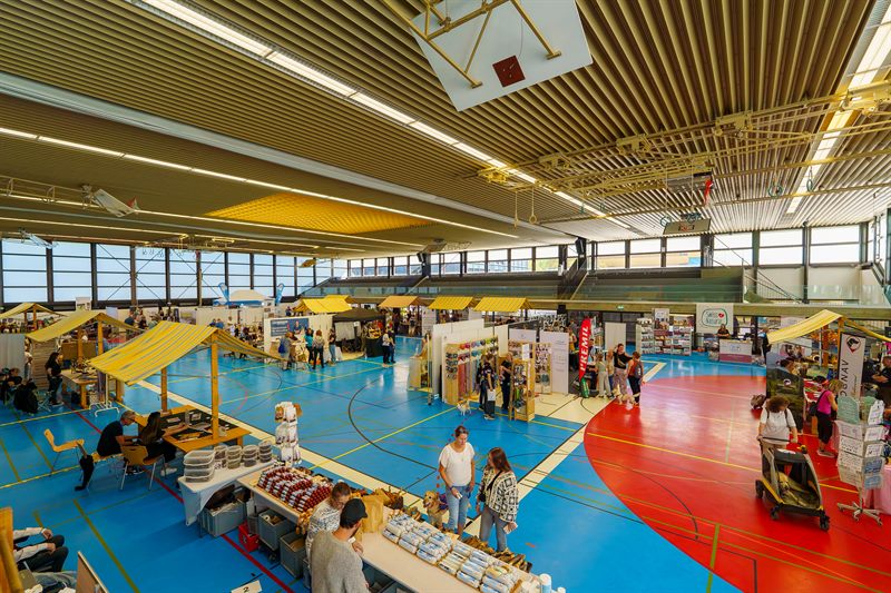 Weitwinkel über eine Sporthalle mit Ständen und Besuchern an einem Hundeevent