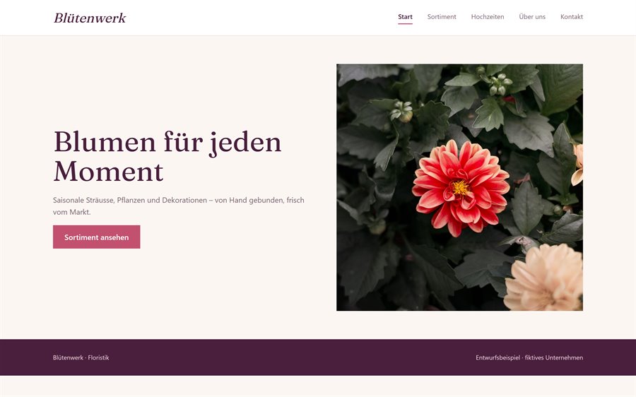 Entwurfsbeispiel Floristik (fiktiv): Startseite mit grossem Dahlienbild