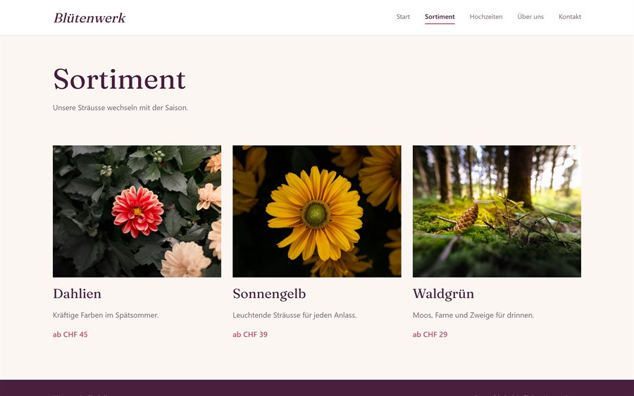 Entwurfsbeispiel Floristik (fiktiv): Sortiment mit drei Sträussen und Preisen