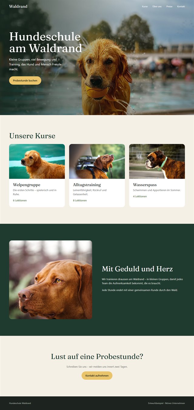 Entwurfsbeispiel: Onepager einer fiktiven Hundeschule mit Kursen, Über uns und Kontakt